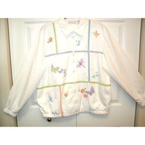 Alfred Dunner Light Weight Jacket, White w/Embroidered Flowers & Butterflies, 12